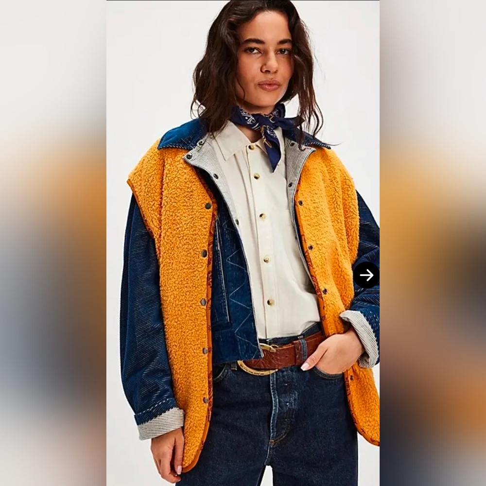 Free People Yellow Sherpa & Navy Corduroy Mixed Jacket Vest